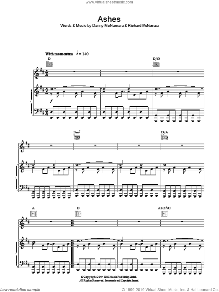 Ashes sheet music for voice, piano or guitar by Embrace, Danny McNamara and Richard McNamara, intermediate skill level