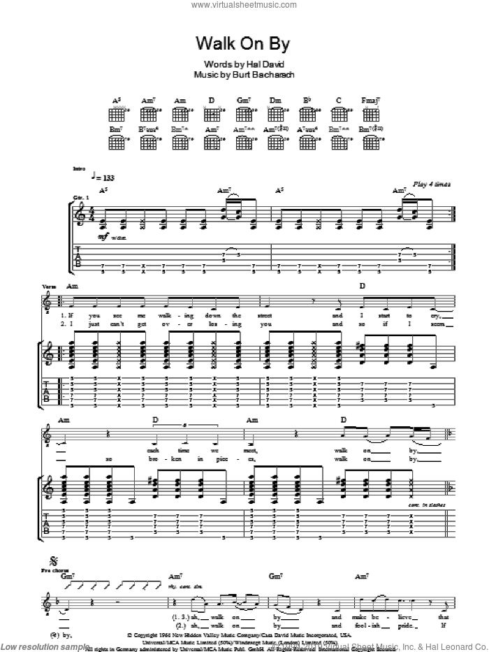 Walk On By sheet music for guitar (tablature) by The Stranglers, Burt Bacharach and Hal David, intermediate skill level