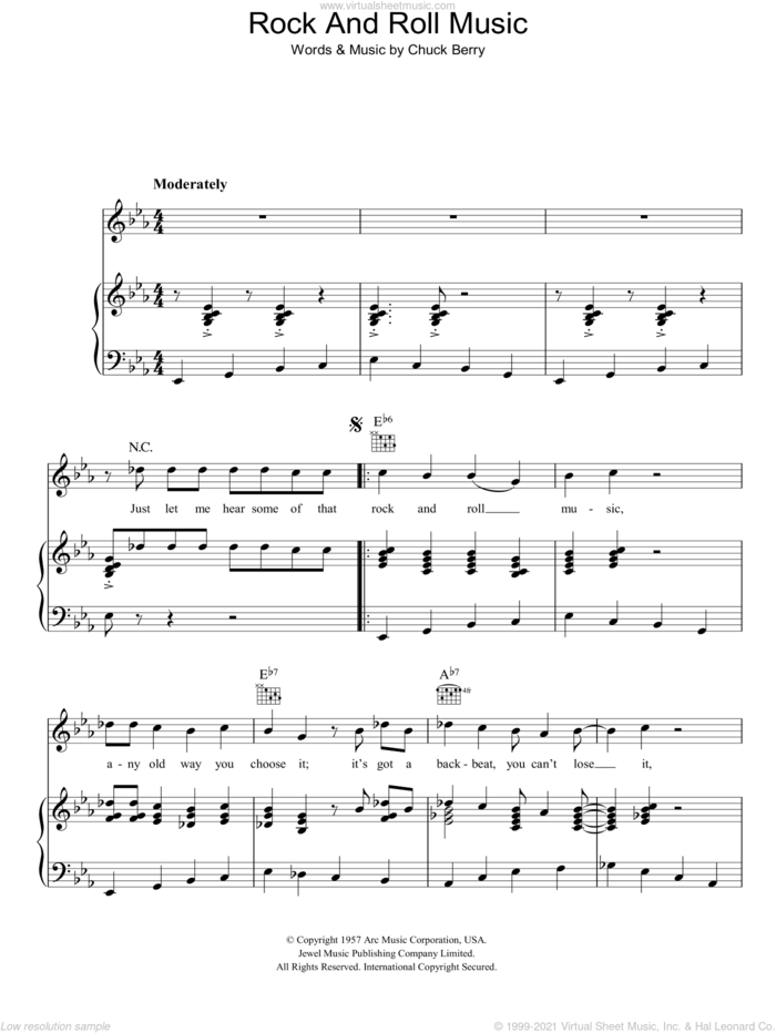 Rock And Roll Music sheet music for voice, piano or guitar by Chuck Berry, intermediate skill level