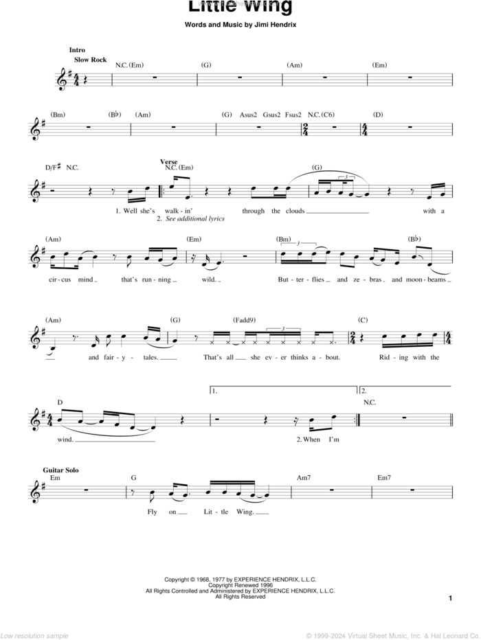 Little Wing sheet music for guitar solo (chords) by Jimi Hendrix and Stevie Ray Vaughan, easy guitar (chords)