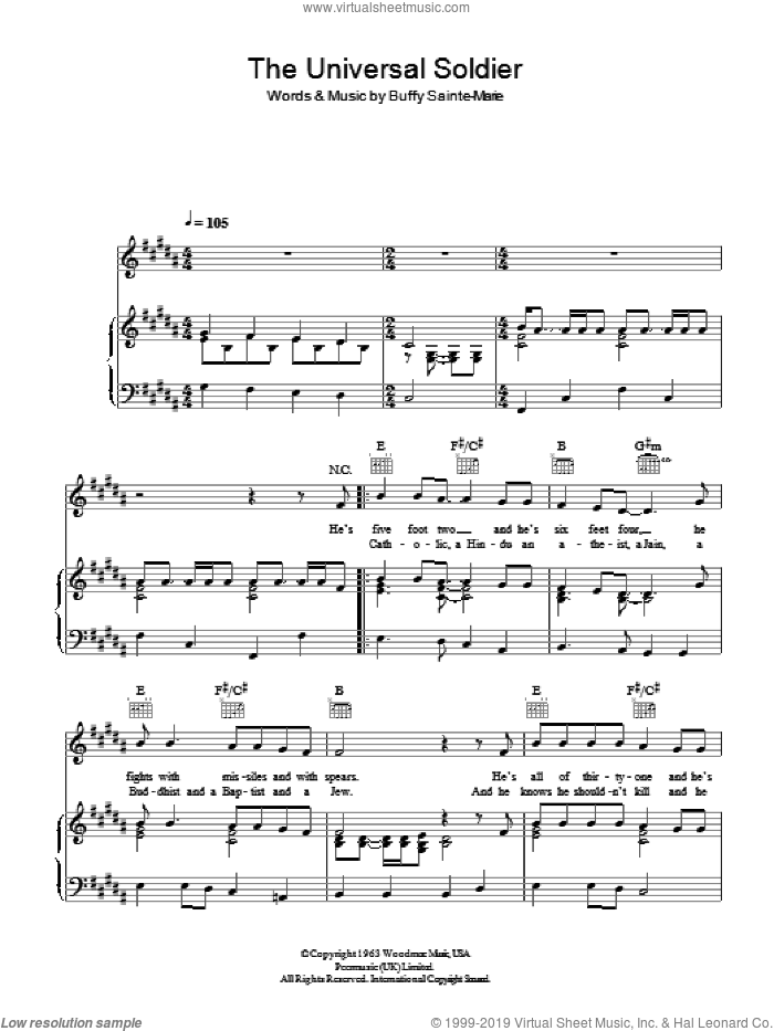 The Universal Soldier sheet music for voice, piano or guitar by Buffy Sainte-Marie, intermediate skill level