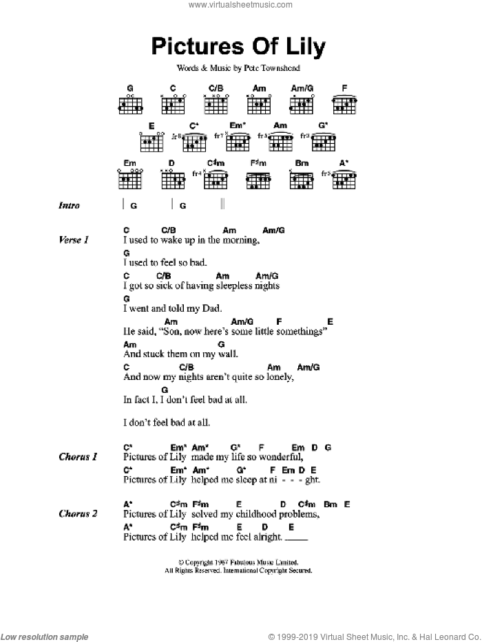 Pictures Of Lily sheet music for guitar (chords) by The Who and Pete Townshend, intermediate skill level