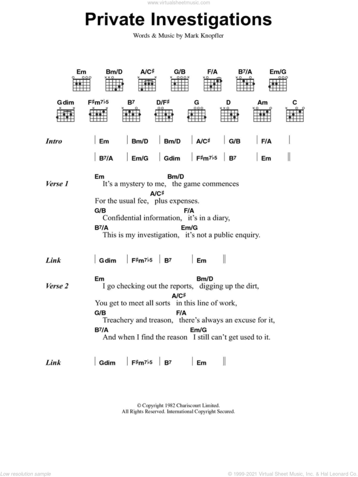 Private Investigations sheet music for guitar (chords) by Dire Straits and Mark Knopfler, intermediate skill level