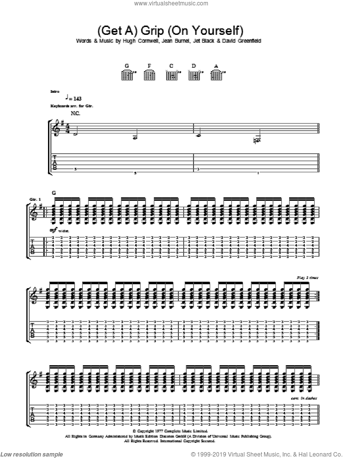 (Get A) Grip (On Yourself) sheet music for guitar (tablature) by The Stranglers, David Greenfield, Hugh Cornwell, Jean Burnel and Jet Black, intermediate skill level