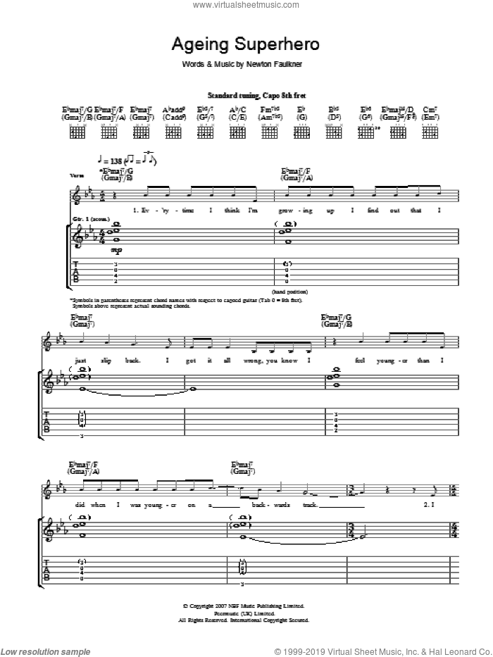 Ageing Superhero sheet music for guitar (tablature) by Newton Faulkner, intermediate skill level