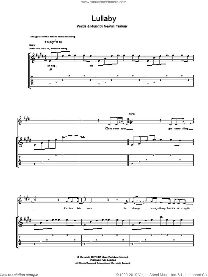 Lullaby sheet music for guitar (tablature) by Newton Faulkner, intermediate skill level