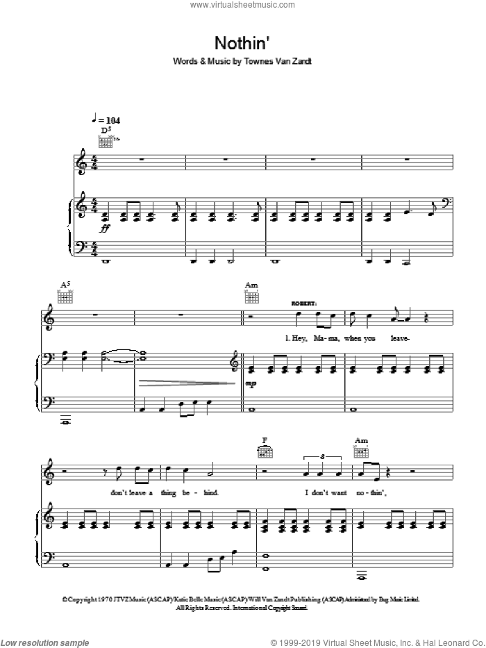 Nothin' sheet music for voice, piano or guitar by Robert Plant & Alison Krauss, Alison Krauss, Robert Plant and Townes Van Zandt, intermediate skill level