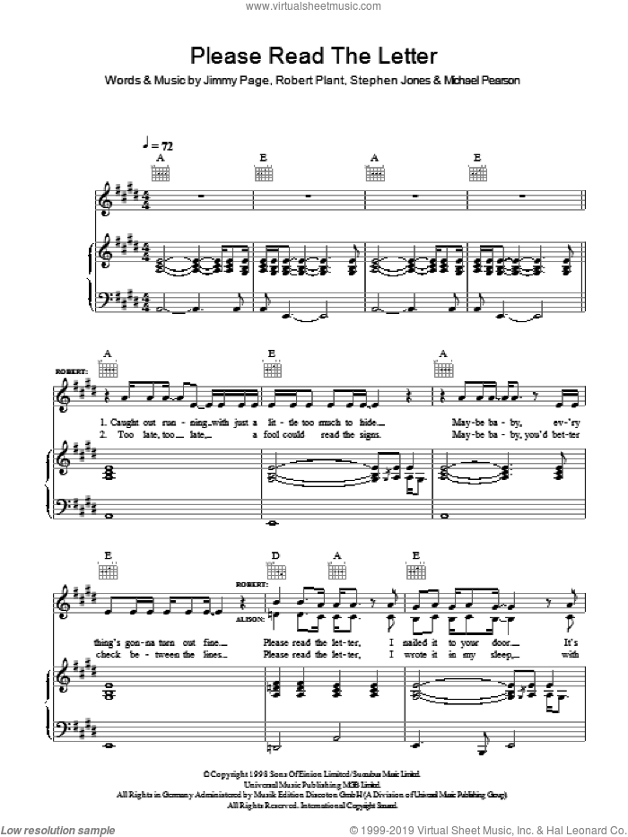 Please Read The Letter sheet music for voice, piano or guitar by Robert Plant & Alison Krauss, Alison Krauss, Robert Plant, Jimmy Page, Michael Pearson and Steve Jones, intermediate skill level