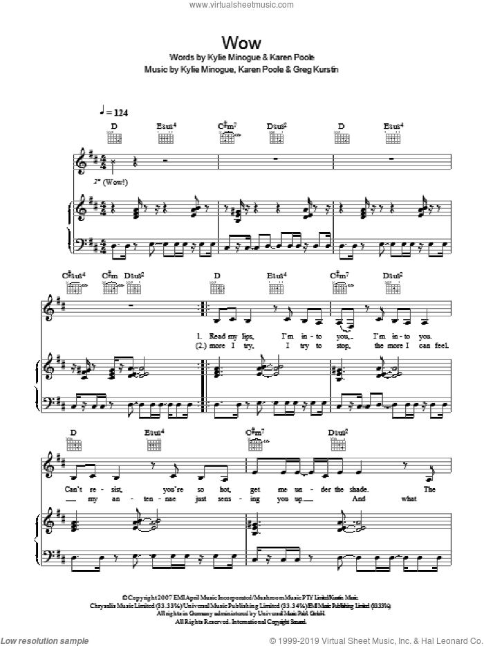 Wow sheet music for voice, piano or guitar by Kylie Minogue, Greg Kurstin and Karen Poole, intermediate skill level