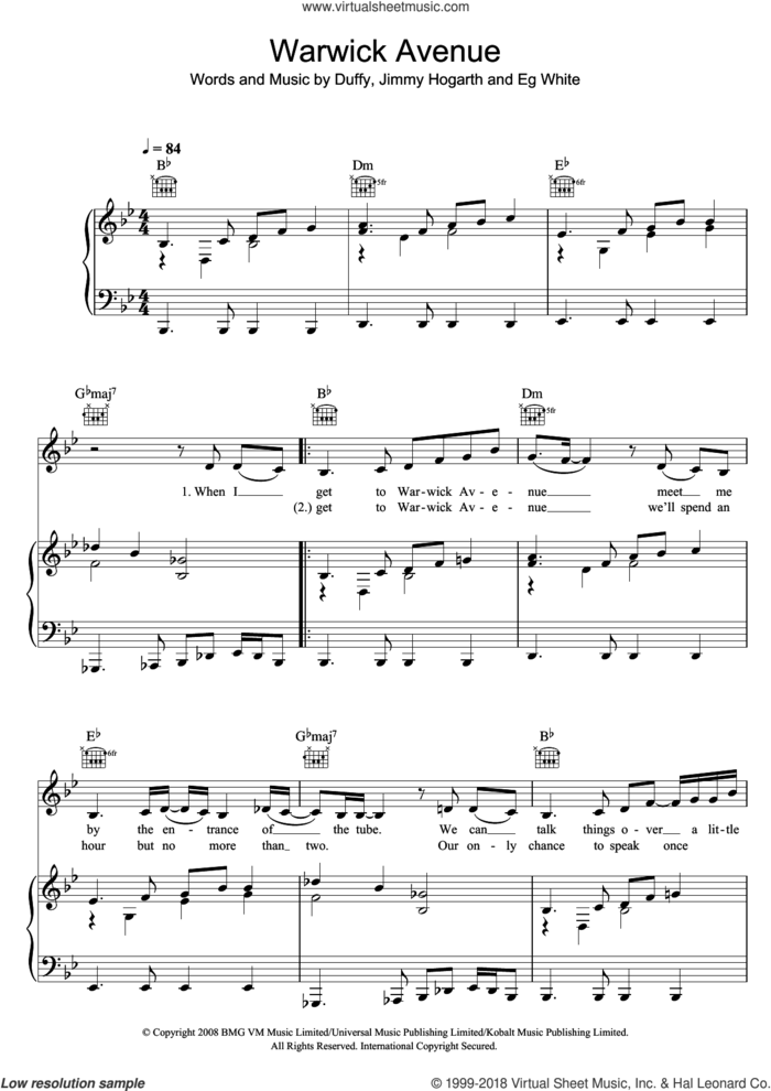Warwick Avenue sheet music for voice, piano or guitar by Duffy, Aimee Duffy, Francis White and James Hogarth, intermediate skill level