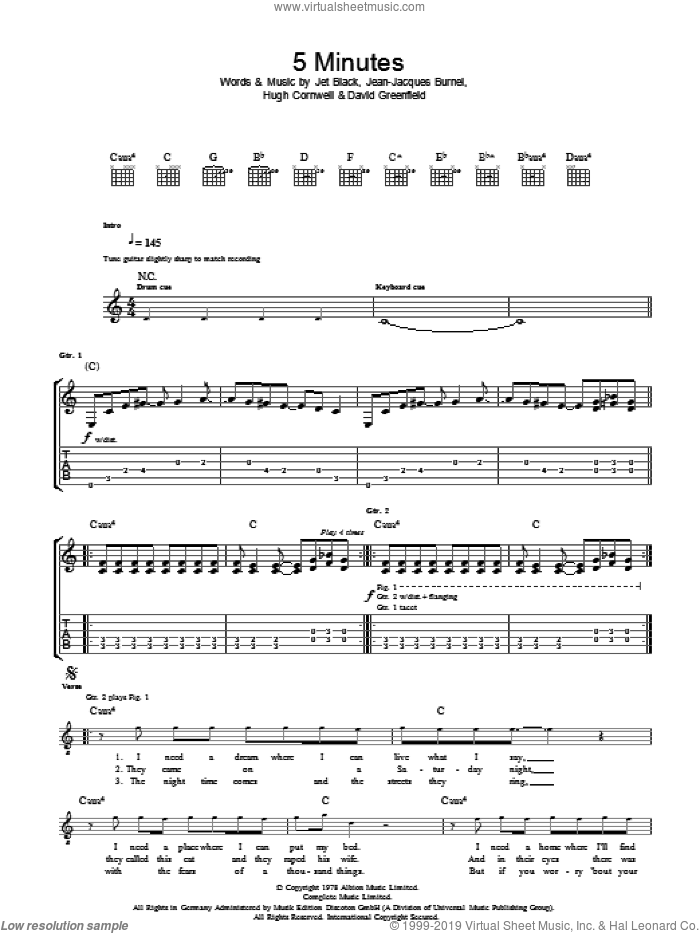 5 Minutes sheet music for guitar (tablature) by The Stranglers, David Greenfield, Hugh Cornwell, Jean-Jacques Burnel and Jet Black, intermediate skill level