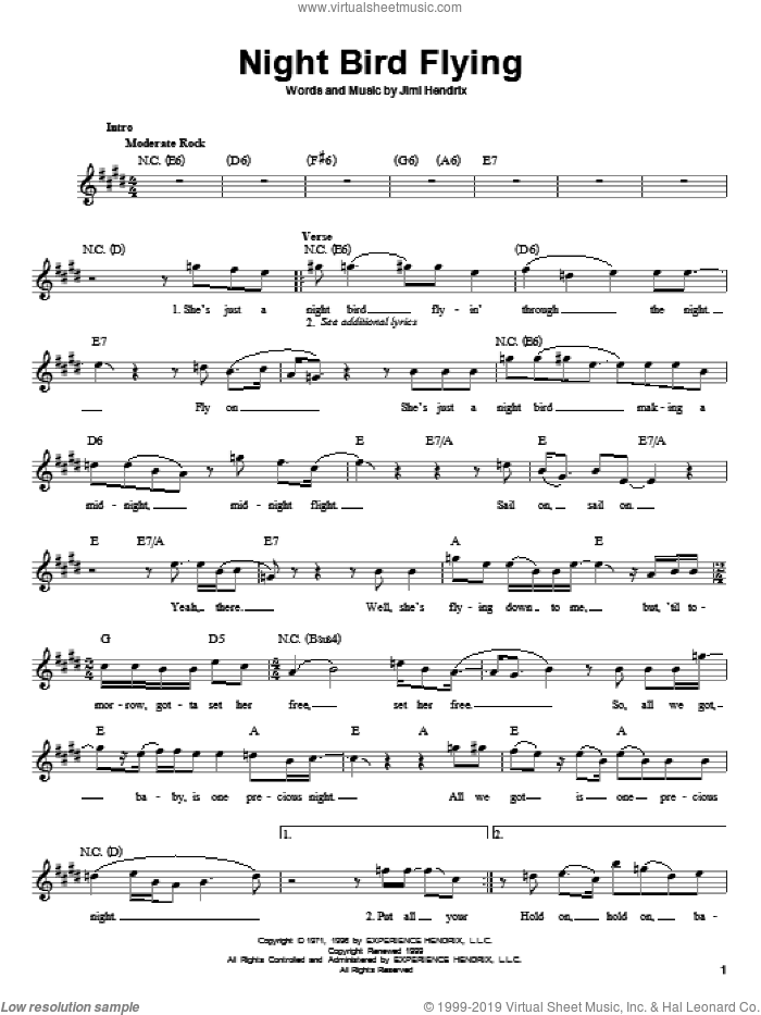 Night Bird Flying sheet music for guitar solo (chords) by Jimi Hendrix, easy guitar (chords)