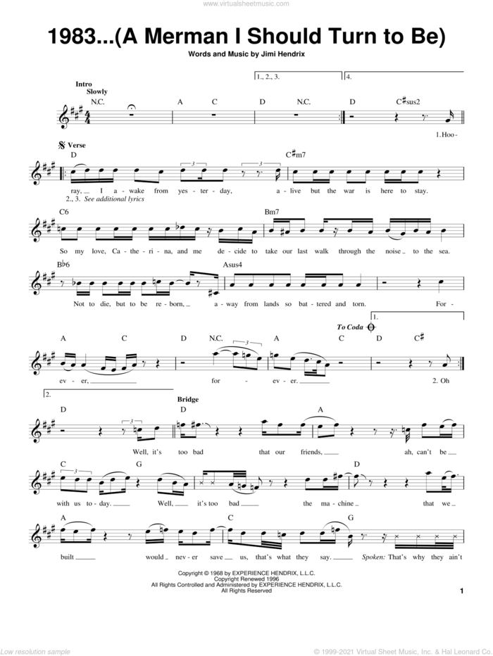 1983...(A Merman I Should Turn To Be) sheet music for guitar solo (chords) by Jimi Hendrix, easy guitar (chords)