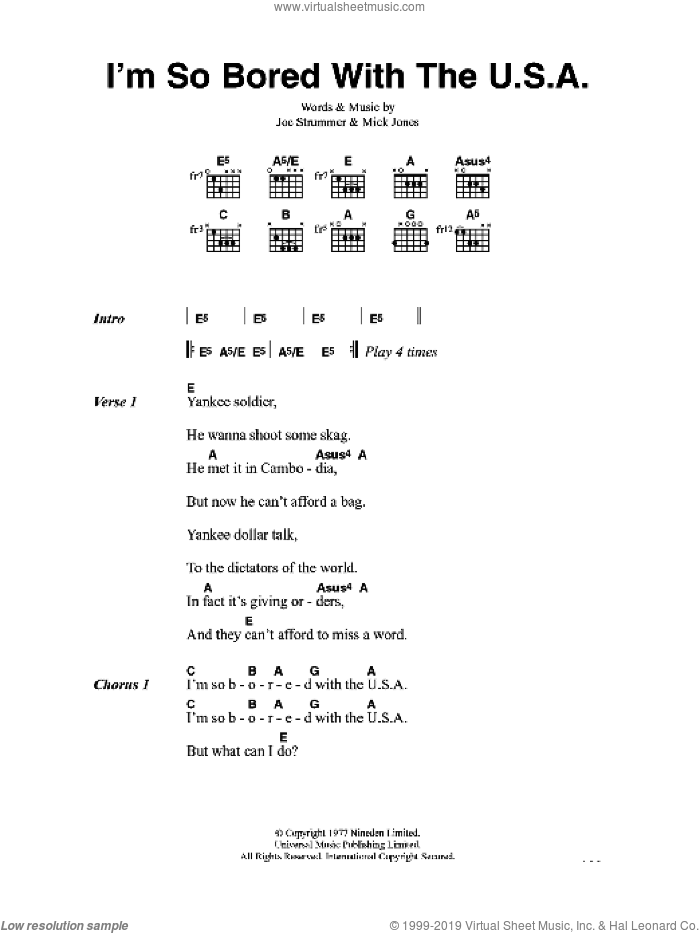 I'm So Bored With The U.S.A. sheet music for guitar (chords) by The Clash, Joe Strummer and Mick Jones, intermediate skill level