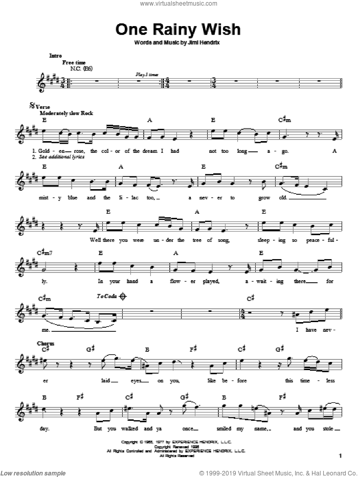 One Rainy Wish sheet music for guitar solo (chords) by Jimi Hendrix and Brian May, easy guitar (chords)