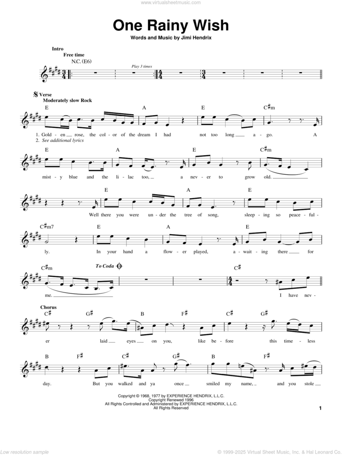 One Rainy Wish sheet music for guitar solo (chords) by Jimi Hendrix and Brian May, easy guitar (chords)