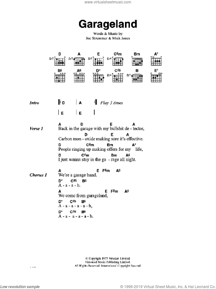 Garageland sheet music for guitar (chords) by The Clash, Joe Strummer and Mick Jones, intermediate skill level