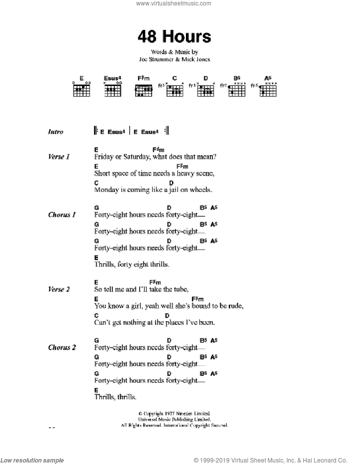 48 Hours sheet music for guitar (chords) by The Clash, Joe Strummer and Mick Jones, intermediate skill level