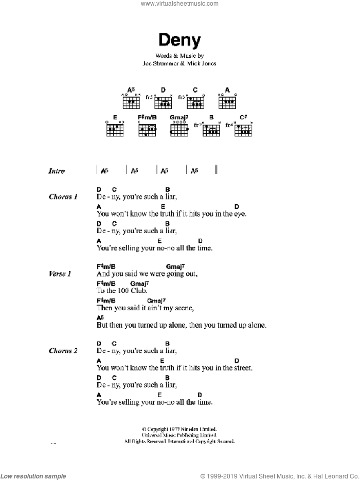 Deny sheet music for guitar (chords) by The Clash, Joe Strummer and Mick Jones, intermediate skill level