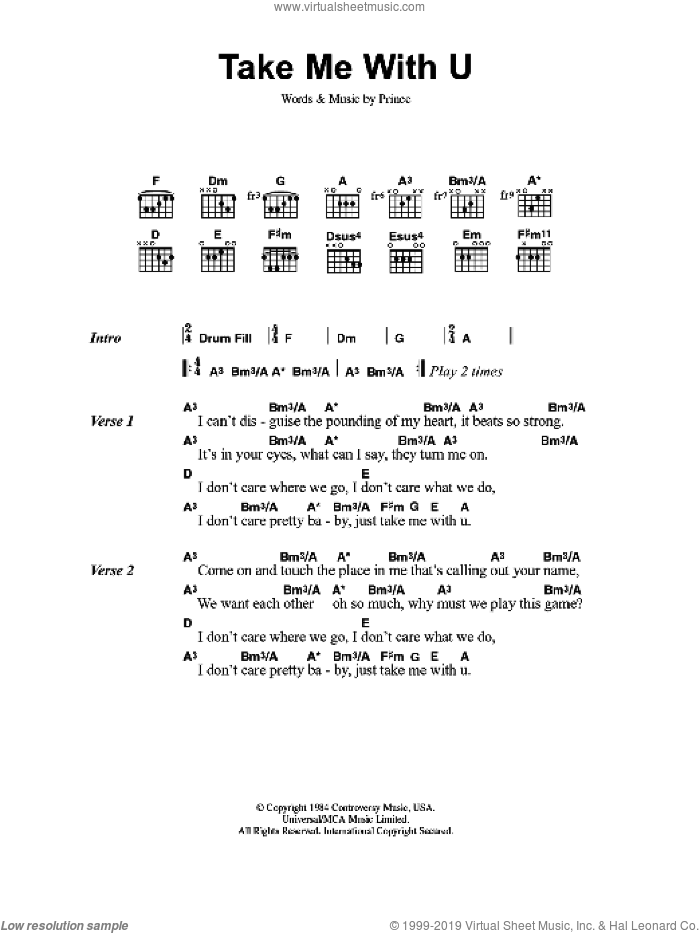 Take Me With U sheet music for guitar (chords) by Prince, intermediate skill level