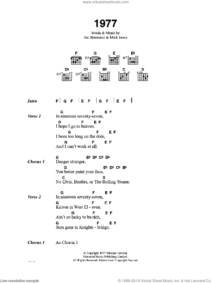 1977 sheet music for guitar (chords) by The Clash, Joe Strummer and Mick Jones, intermediate skill level