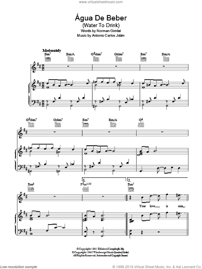 Agua De Beber (Drinking Water) sheet music for voice, piano or guitar by Antonio Carlos Jobim and Norman Gimbel, intermediate skill level