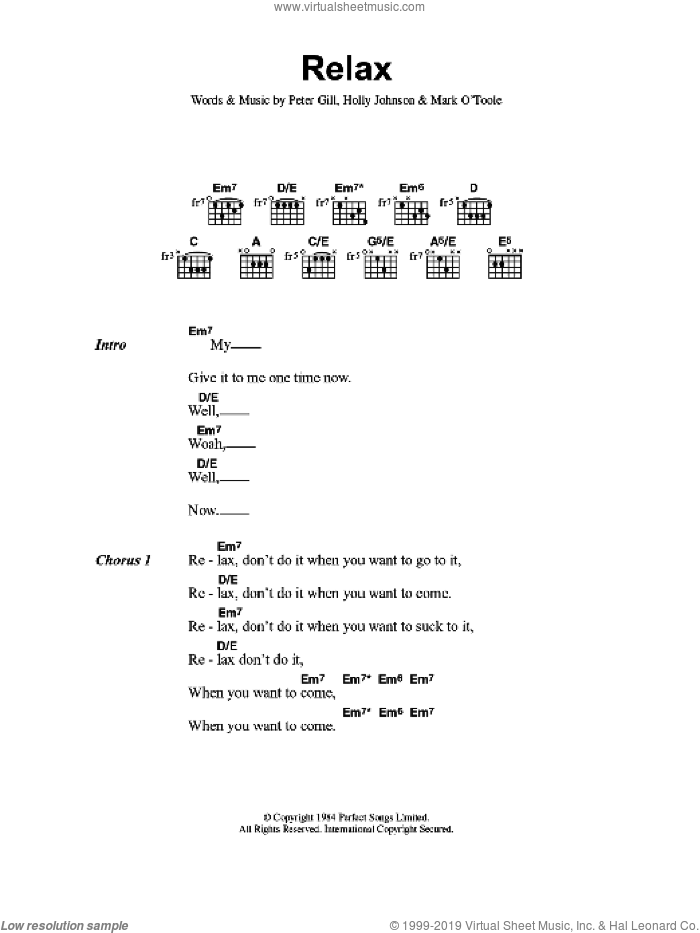Relax sheet music for guitar (chords) by Peter Gill and Holly Johnson, intermediate skill level