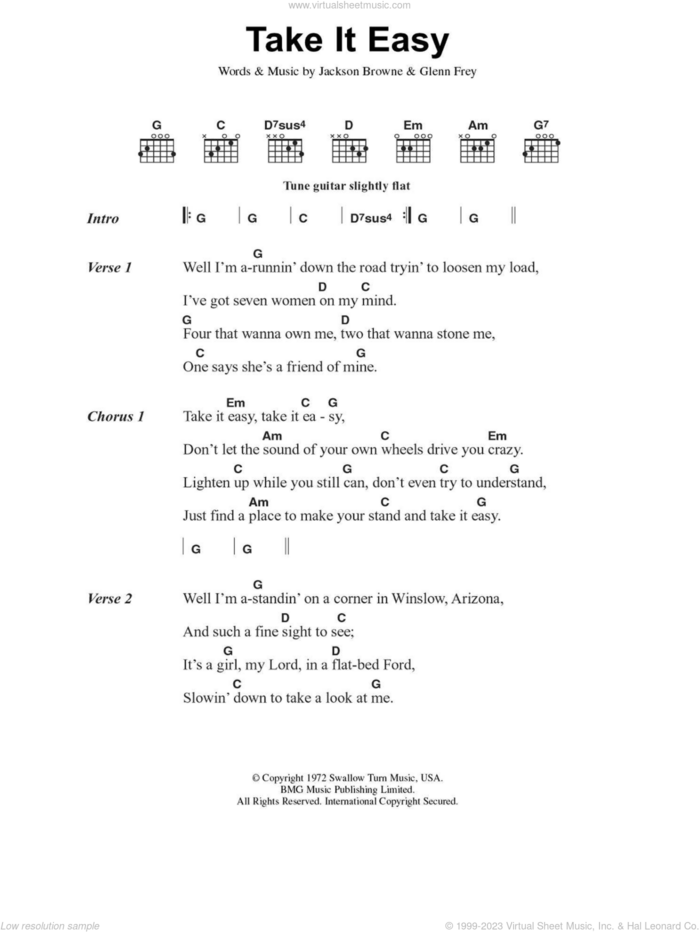 Take It Easy sheet music for guitar (chords) by Glenn Frey, The Eagles and Jackson Browne, intermediate skill level