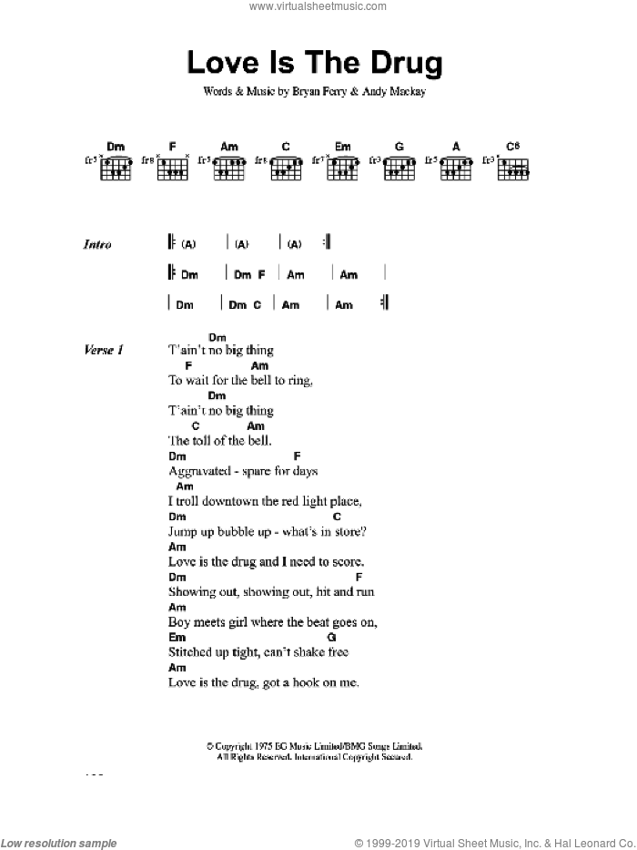 Love Is The Drug sheet music for guitar (chords) by Roxy Music, Andy Mackay and Bryan Ferry, intermediate skill level