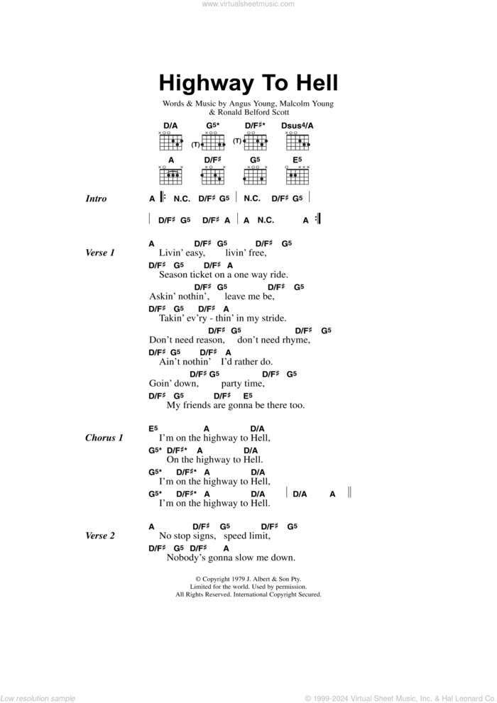 Highway To Hell sheet music for guitar (chords) by AC/DC, Angus Young, Bon Scott, Brian Johnson and Malcolm Young, intermediate skill level