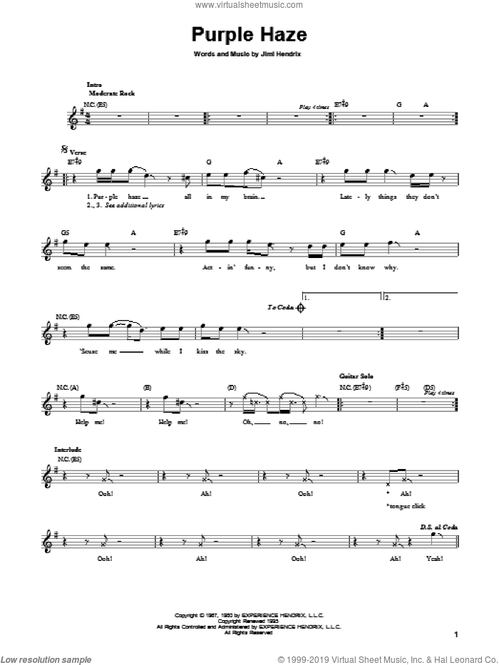 Purple Haze sheet music for guitar solo (chords) by Jimi Hendrix, easy guitar (chords)