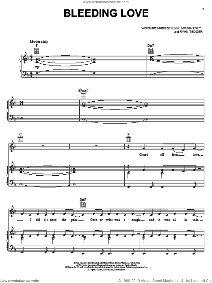 Bleeding Love sheet music for voice, piano or guitar by Leona Lewis, Jesse McCartney and Ryan Tedder, intermediate skill level
