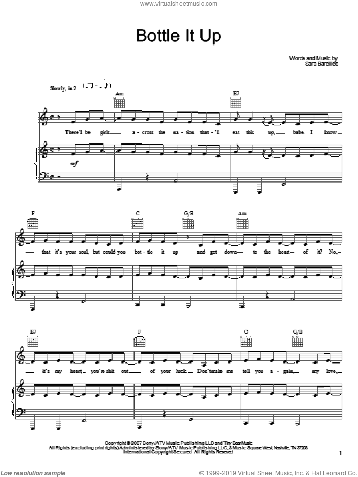 Bottle It Up sheet music for voice, piano or guitar by Sara Bareilles, intermediate skill level