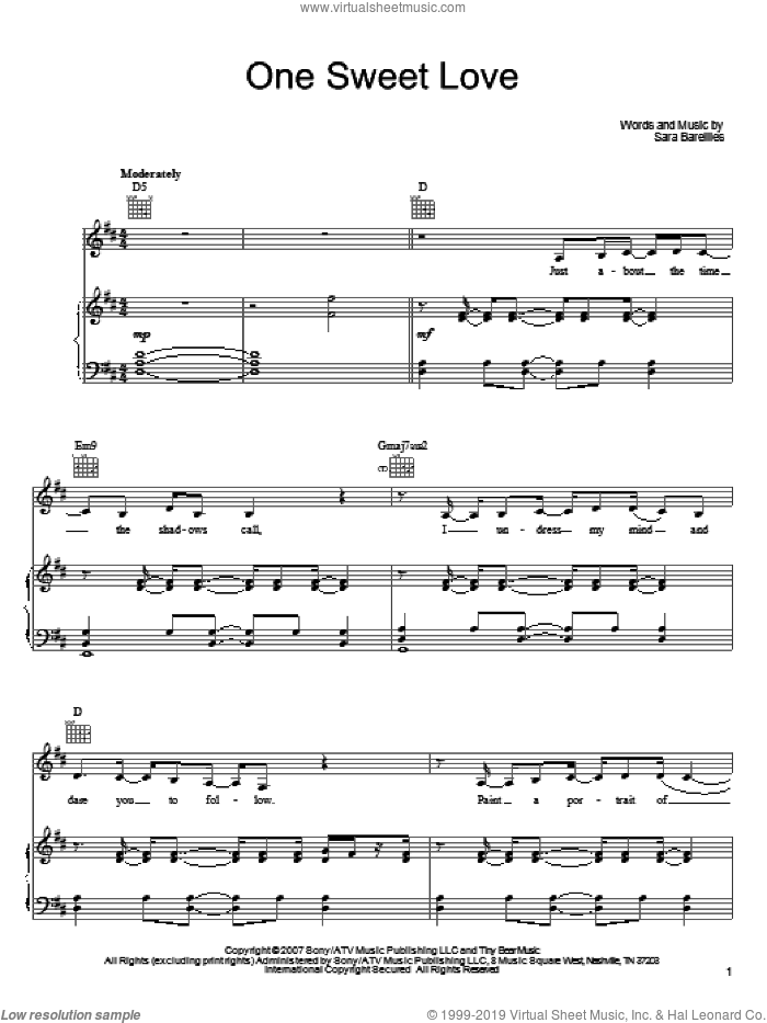 One Sweet Love sheet music for voice, piano or guitar by Sara Bareilles, intermediate skill level