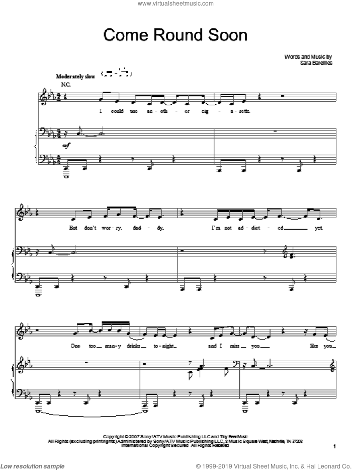 Come Round Soon sheet music for voice, piano or guitar by Sara Bareilles, intermediate skill level