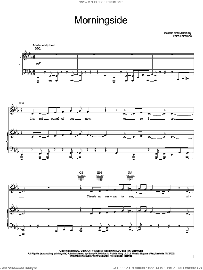 Morningside sheet music for voice, piano or guitar by Sara Bareilles, intermediate skill level