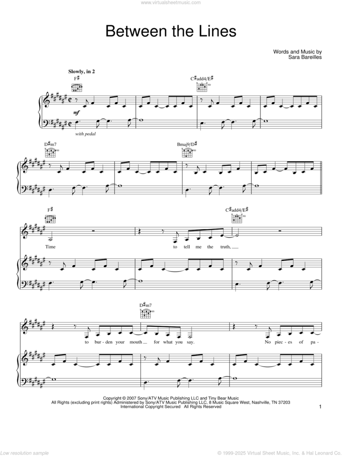 Between The Lines sheet music for voice, piano or guitar by Sara Bareilles, intermediate skill level