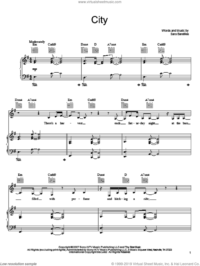 City sheet music for voice, piano or guitar by Sara Bareilles, intermediate skill level