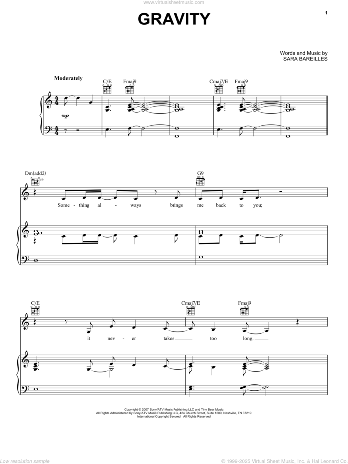 Gravity sheet music for voice, piano or guitar by Sara Bareilles, intermediate skill level