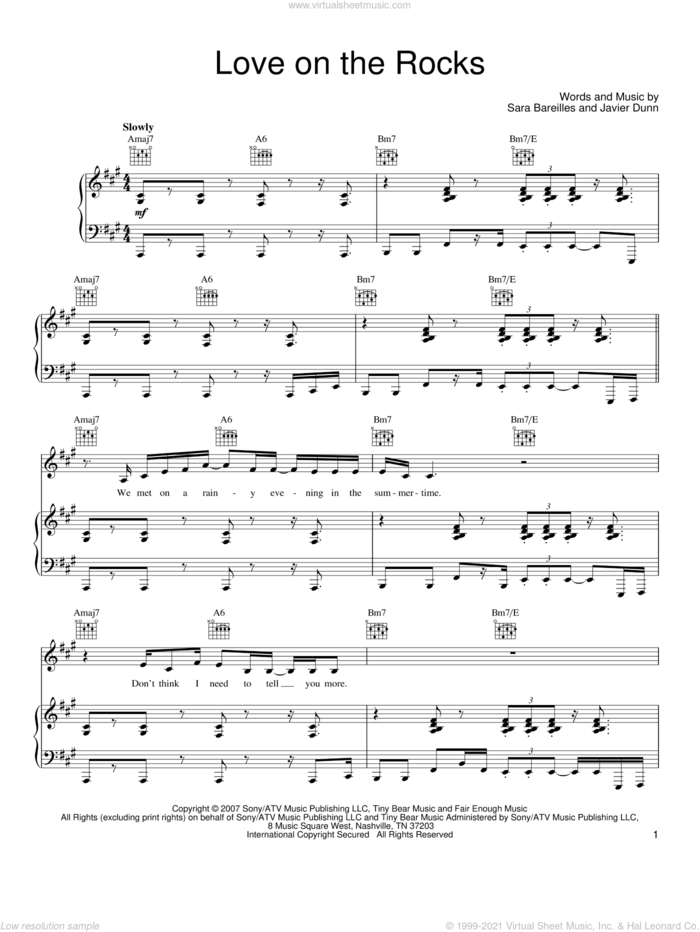 Love On The Rocks sheet music for voice, piano or guitar by Sara Bareilles and Javier Dunn, intermediate skill level