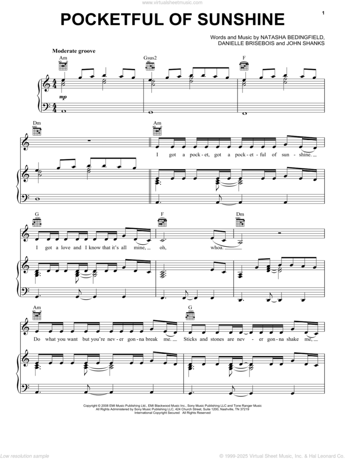 Pocketful Of Sunshine sheet music for voice, piano or guitar by Natasha Bedingfield, Danielle Brisbois and John Shanks, intermediate skill level