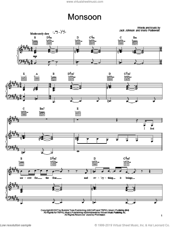 Monsoon sheet music for voice, piano or guitar by Jack Johnson and Merlo Podlewski, intermediate skill level