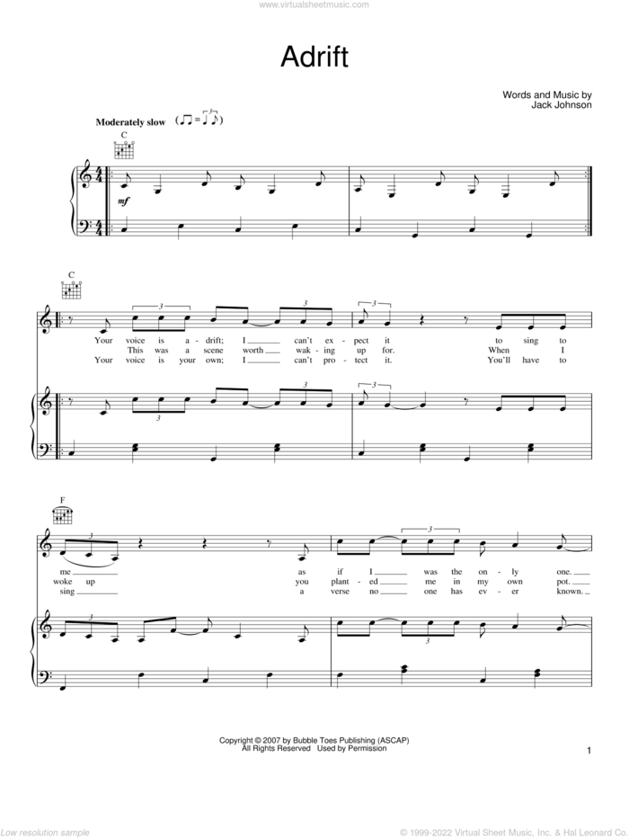 Adrift sheet music for voice, piano or guitar by Jack Johnson, intermediate skill level