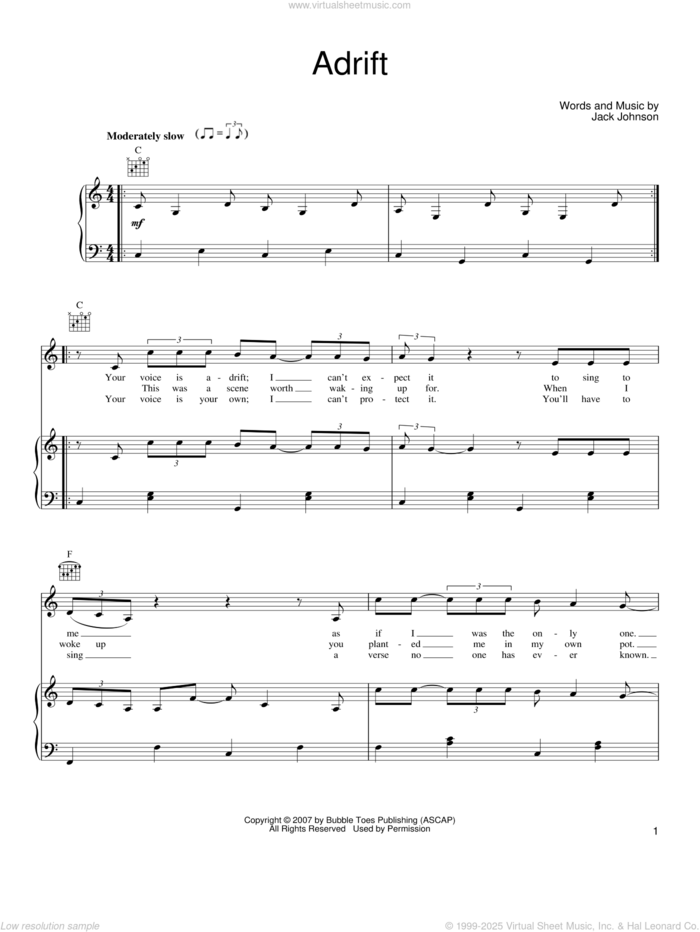 Adrift sheet music for voice, piano or guitar by Jack Johnson, intermediate skill level