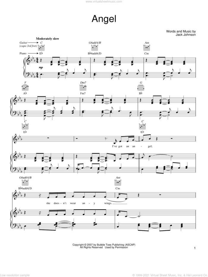 Angel sheet music for voice, piano or guitar by Jack Johnson, intermediate skill level