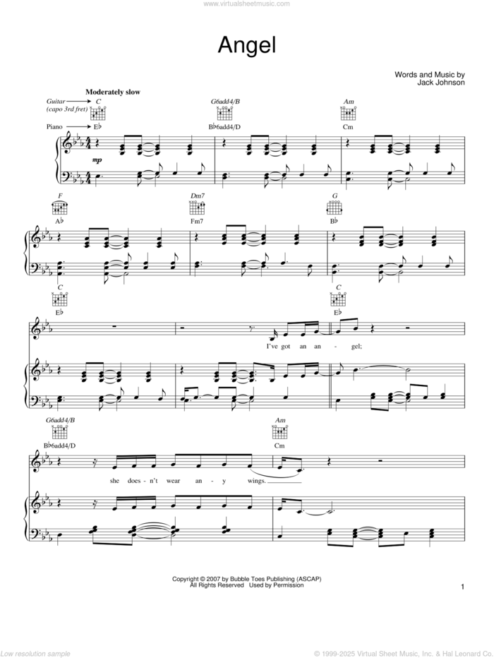 Angel sheet music for voice, piano or guitar by Jack Johnson, intermediate skill level