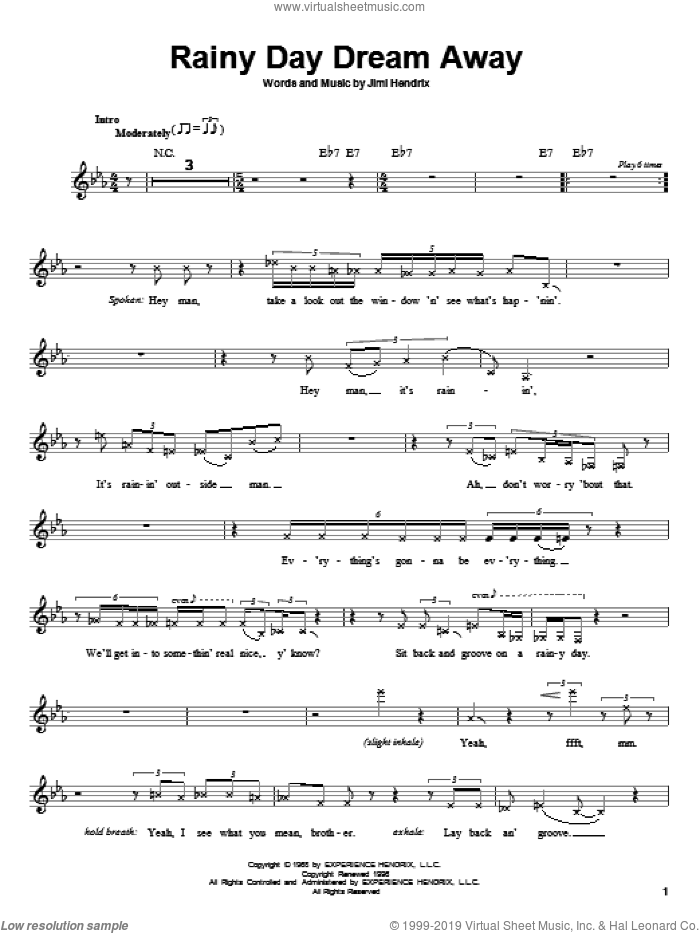Rainy Day Dream Away sheet music for guitar solo (chords) by Jimi Hendrix, easy guitar (chords)