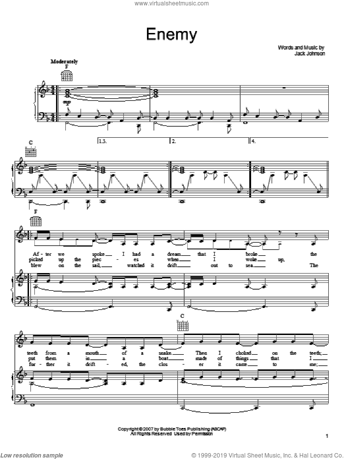 Enemy sheet music for voice, piano or guitar by Jack Johnson, intermediate skill level