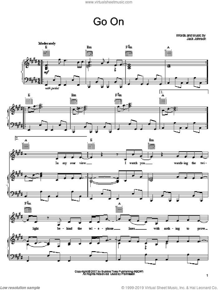 Go On sheet music for voice, piano or guitar by Jack Johnson, intermediate skill level