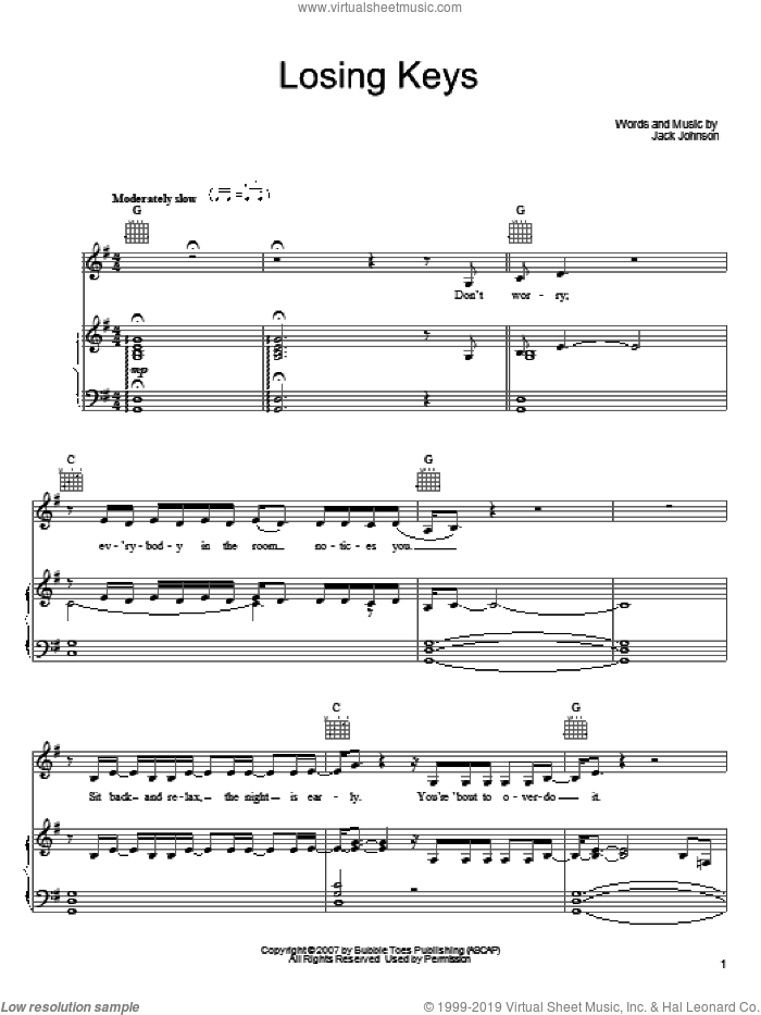 Losing Keys sheet music for voice, piano or guitar by Jack Johnson, intermediate skill level